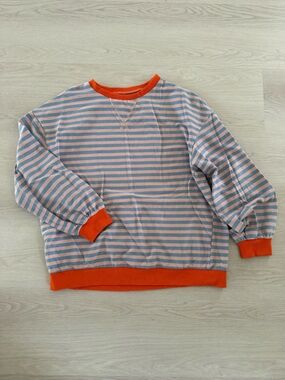 Striped Scoop-Neck Sweater in Pink & Blue with Orange Trim